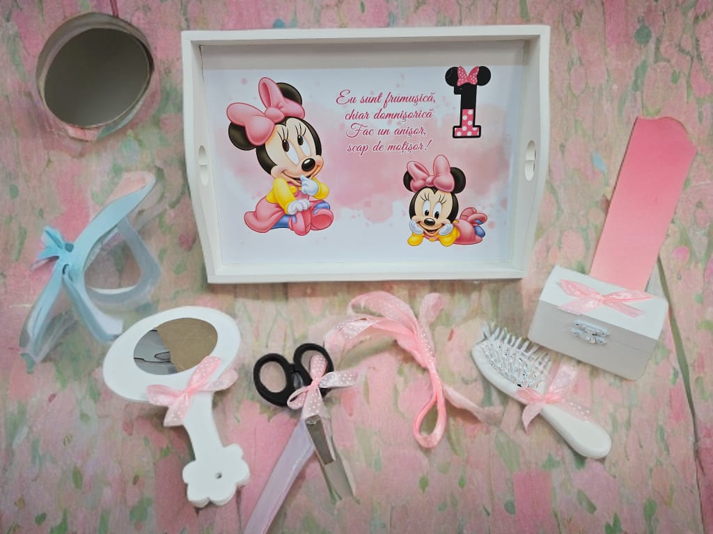 Tavita mot turta print colorata - baby pink Minnie bow - O B S I D I O N