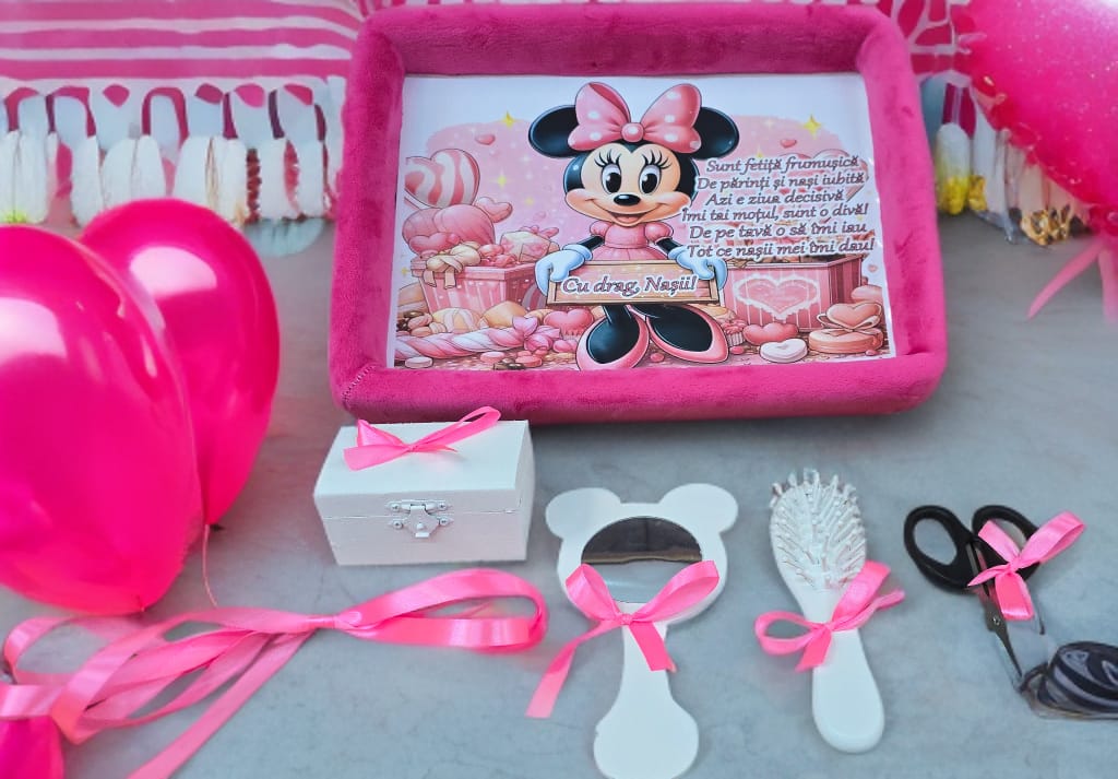 Tavita mot turta catifea buretata si print - pink Minnie - O B S I D I O N