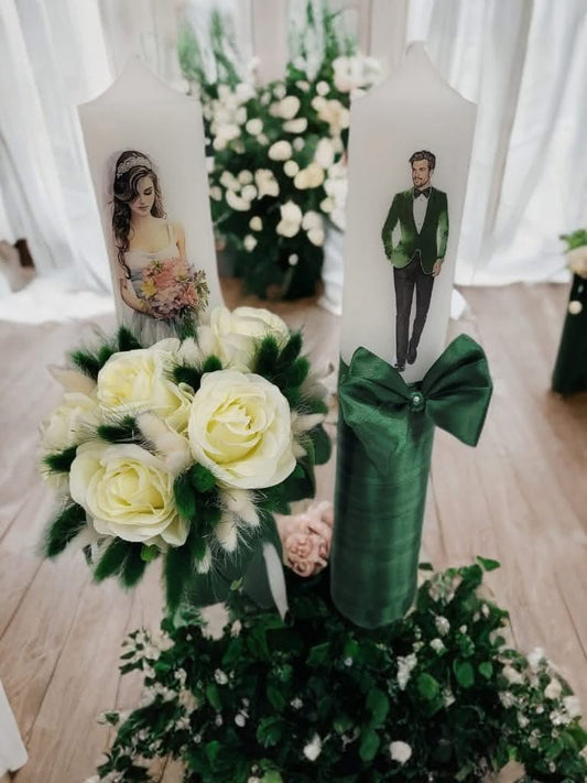 Lumanari cununie cu plante stabilizate - green & white - O B S I D I O N