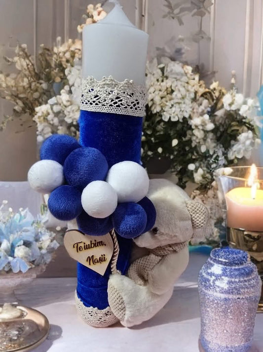 Lumanare botez cu ursulet si bile de catifea - navy blue - O B S I D I O N