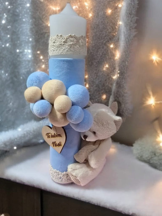 Lumanare botez cu ursulet si bile de catifea - baby blue - O B S I D I O N