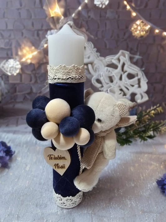 Lumanare botez cu ursulet si bile de catifea - dark blue - O B S I D I O N