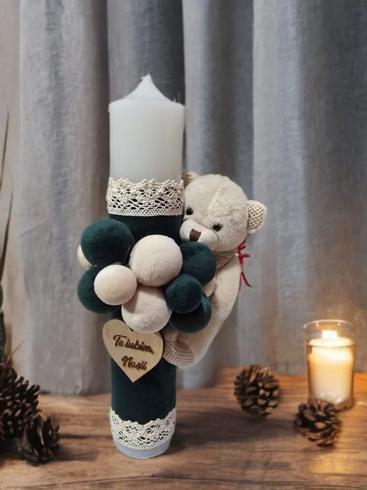Lumanare botez cu ursulet si bile de catifea - dark green - O B S I D I O N