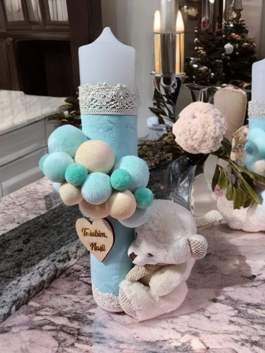 Lumanare botez cu ursulet si bile de catifea - turquoise - O B S I D I O N