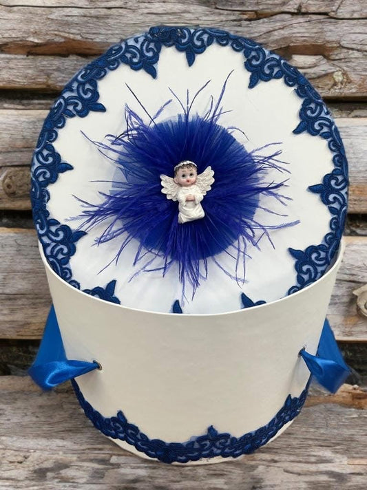 Cutie botez dantela ingeras - white & royal blue - O B S I D I O N