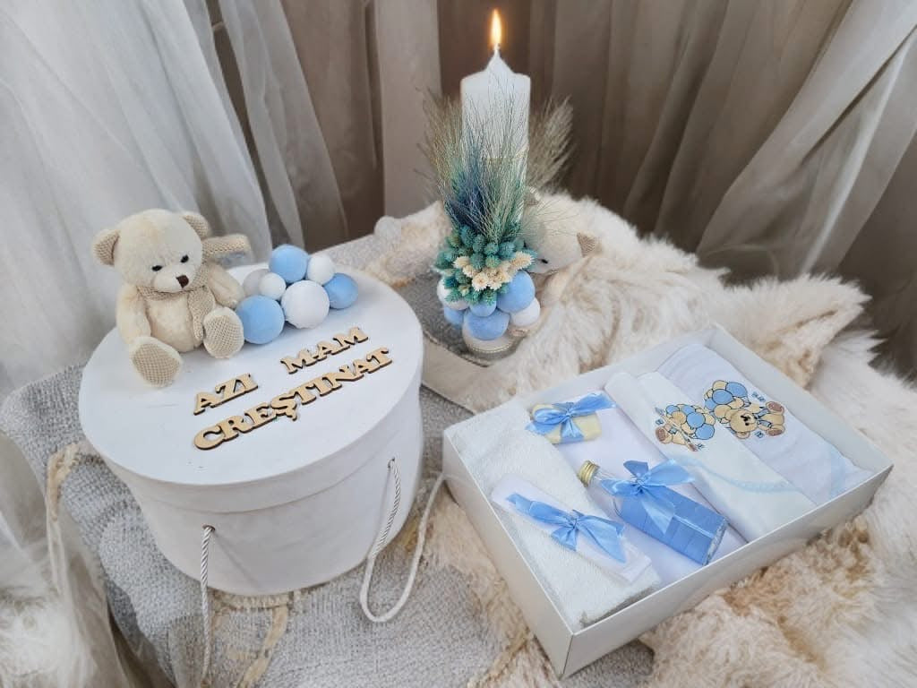 Set Teddy bear baby blue - trusou lumanare cutie - O B S I D I O N