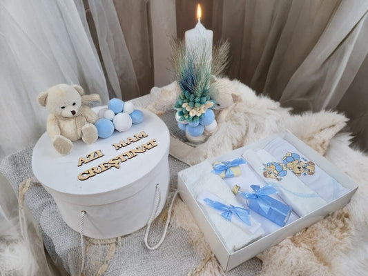 Set Teddy bear baby blue - trusou lumanare cutie - O B S I D I O N