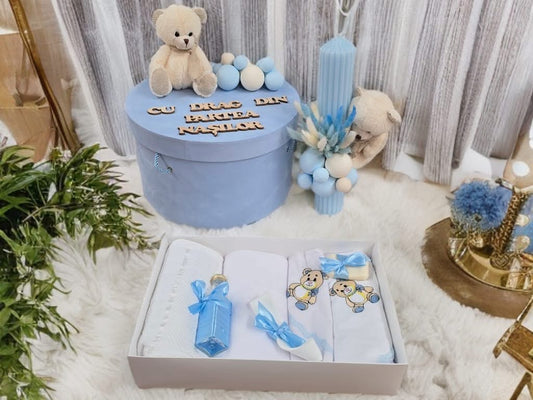 Set Teddy bear baby blue - trusou lumanare cutie