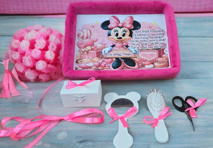 Tavita mot turta catifea buretata si print - pink Minnie - O B S I D I O N
