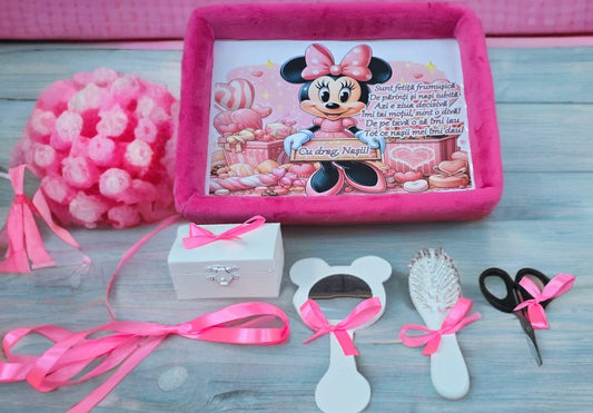 Tavita mot turta catifea buretata si print - pink Minnie - O B S I D I O N